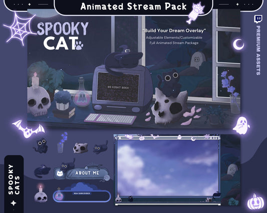 Cat Stream Animation Overlay Kitty Twitch Pack Cute Dark Spooky Animated Full Streaming Package Obs Streamlabs Aesthetic Lofi Vtuber Cozy