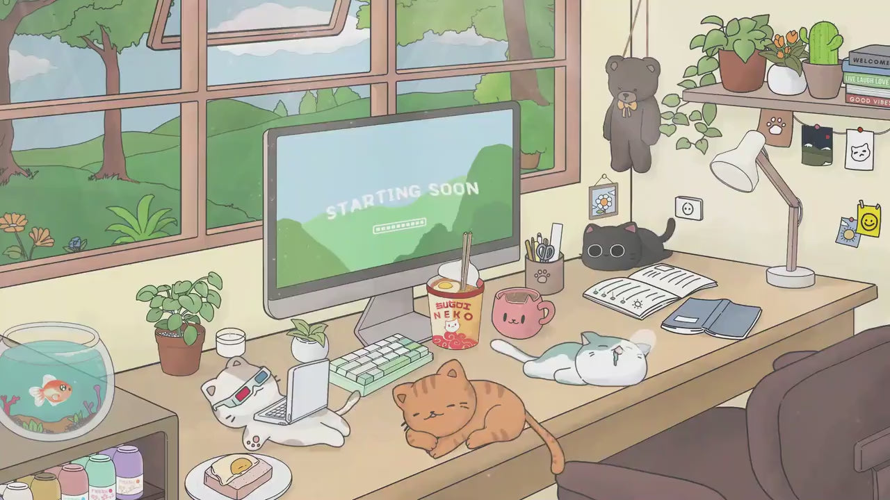 Cat Twitch Stream Animation Overlay Green Kitty Cute Animated Full Streaming Vtuber Package Obs Streamlabs Screen Cozy Aesthetic Lofi Bundle