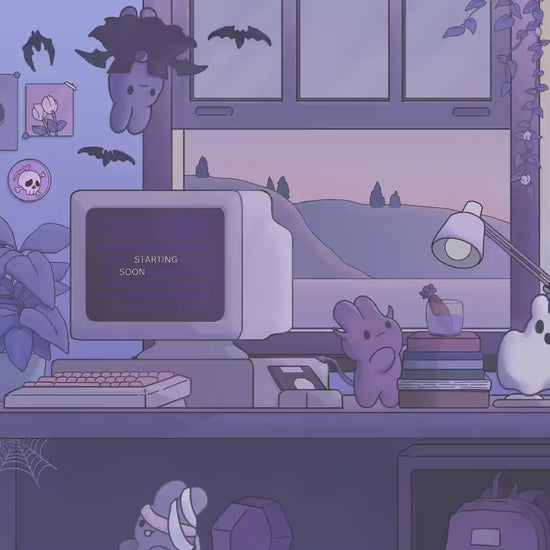 Cozy Twitch Overlay Animation Cute Halloween Bunny Boo Stream Pack Lofi Aesthetic Animated Full Package Purple Blue Pink Rabbit Cat Vtuber