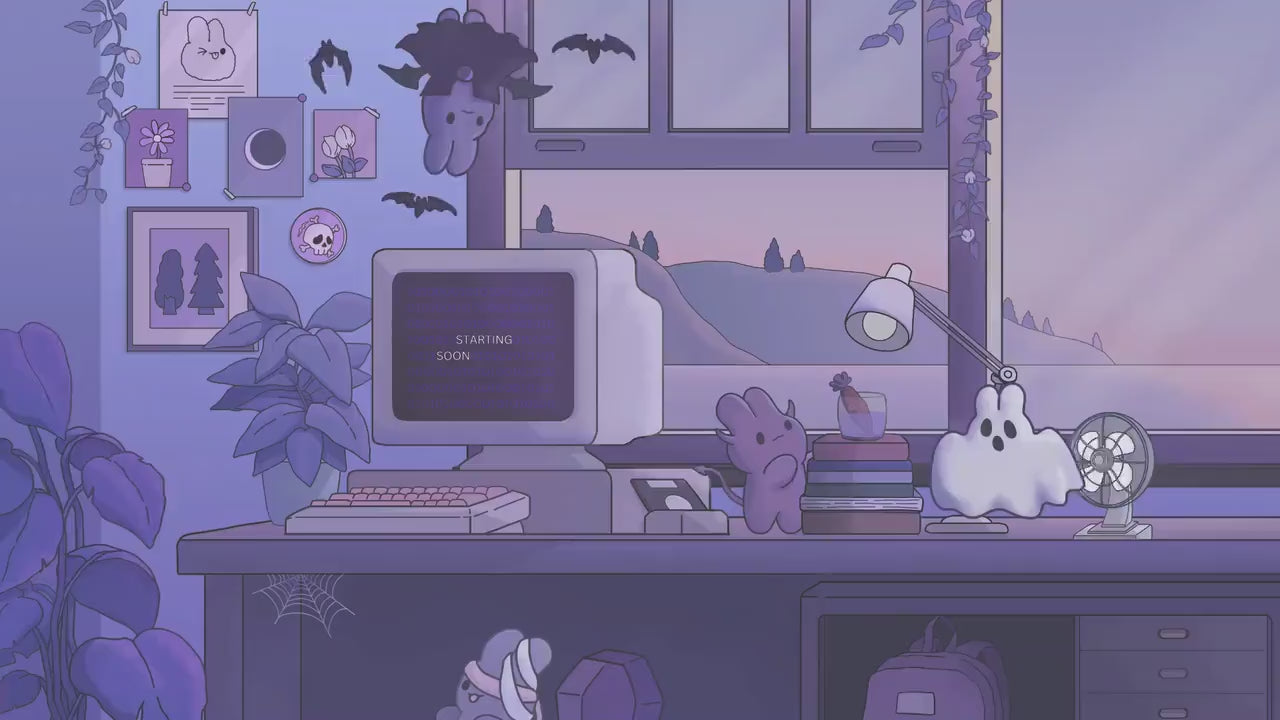 Cozy Twitch Overlay Animation Cute Halloween Bunny Boo Stream Pack Lofi Aesthetic Animated Full Package Purple Blue Pink Rabbit Cat Vtuber