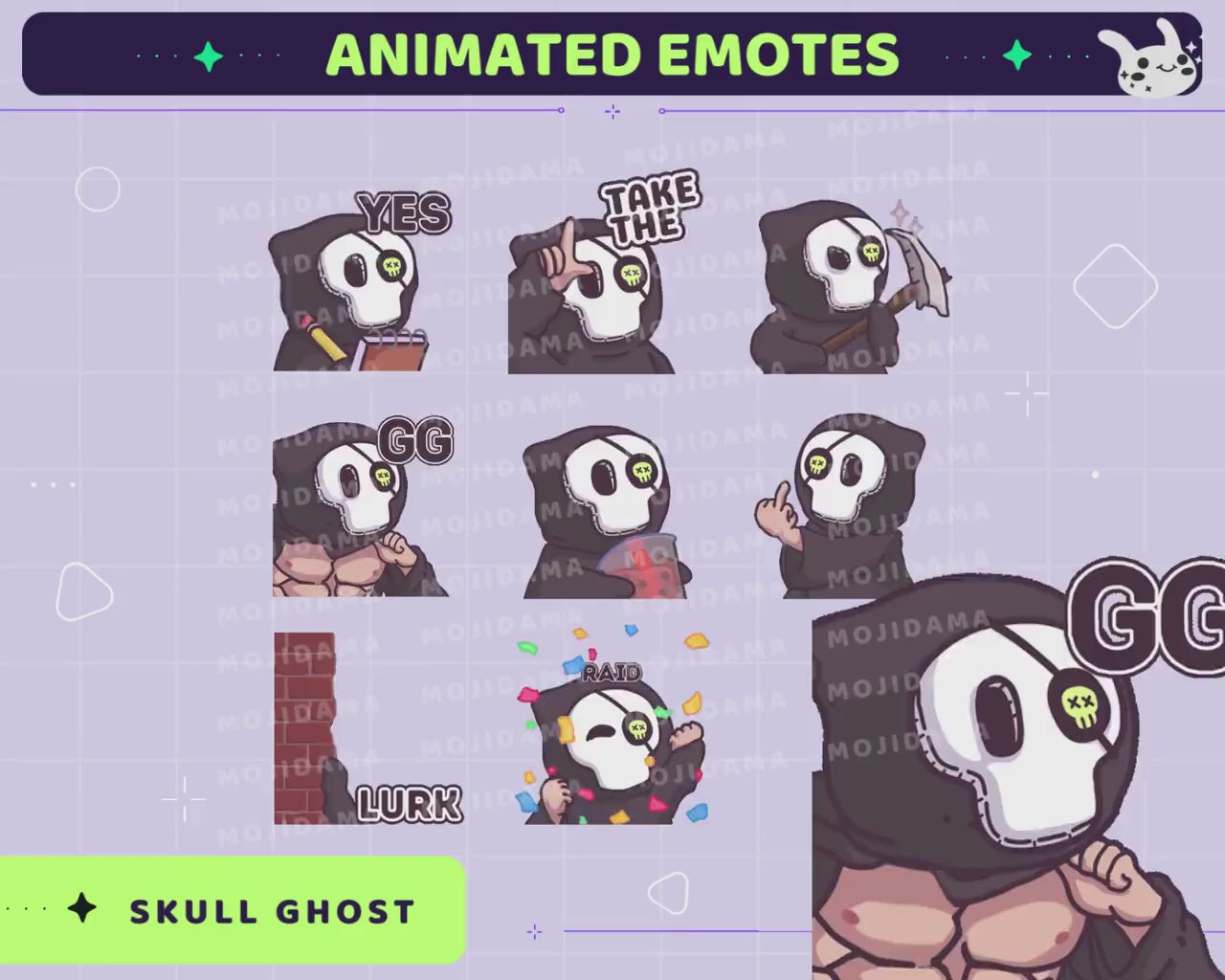 Skull Ghost Emotes Animation Bundle Funny Dancing Animated Cute Emote Brain Dance Gg Yes Boba Lurk Happy Cat Ban Sad Twitch Kick Stream Pack